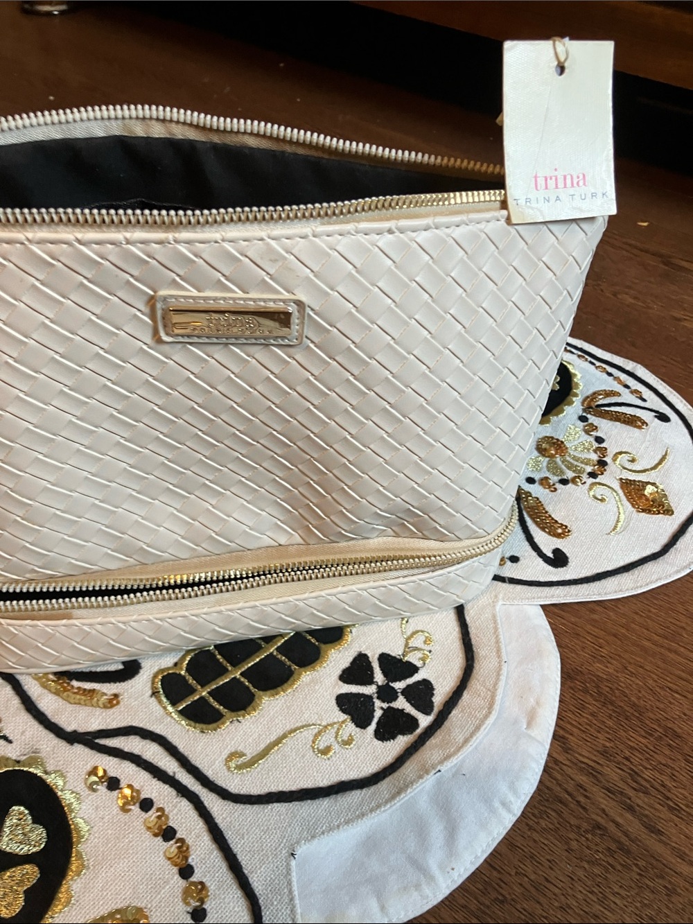 Trina Turk Cream Woven Tote w/Gold Accents &perfect for accessories of any sort